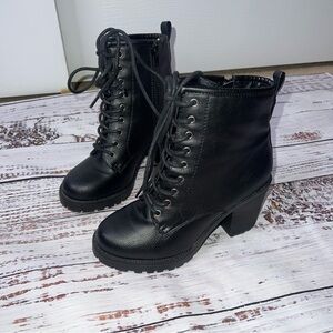 Cute Black Chunky Heel Combat Boot